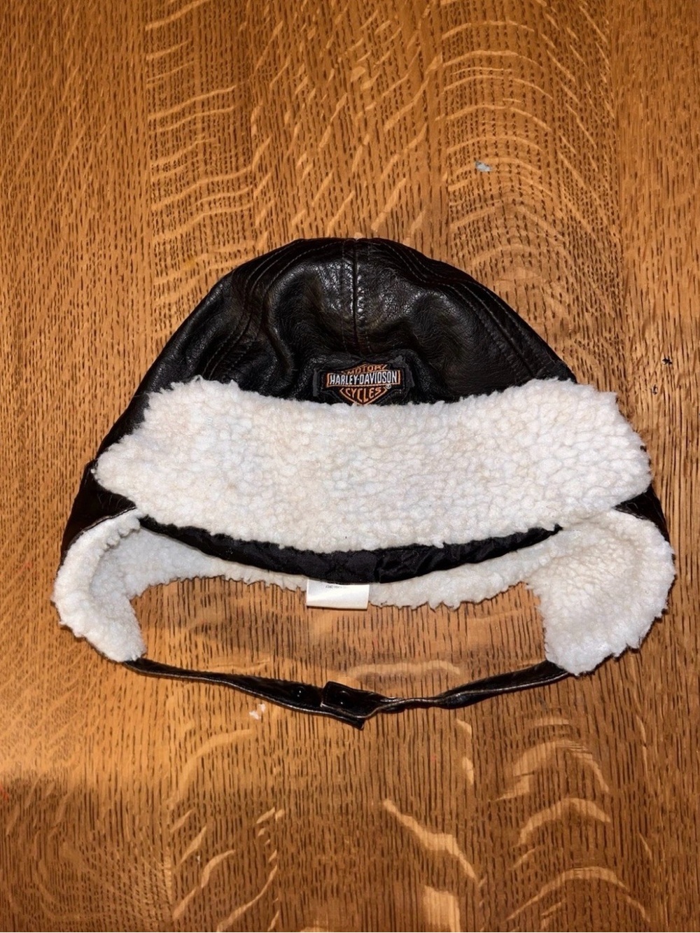 Harley-Davidson Black Faux Leather Kids Aviator Hat with White Sherpa Trim